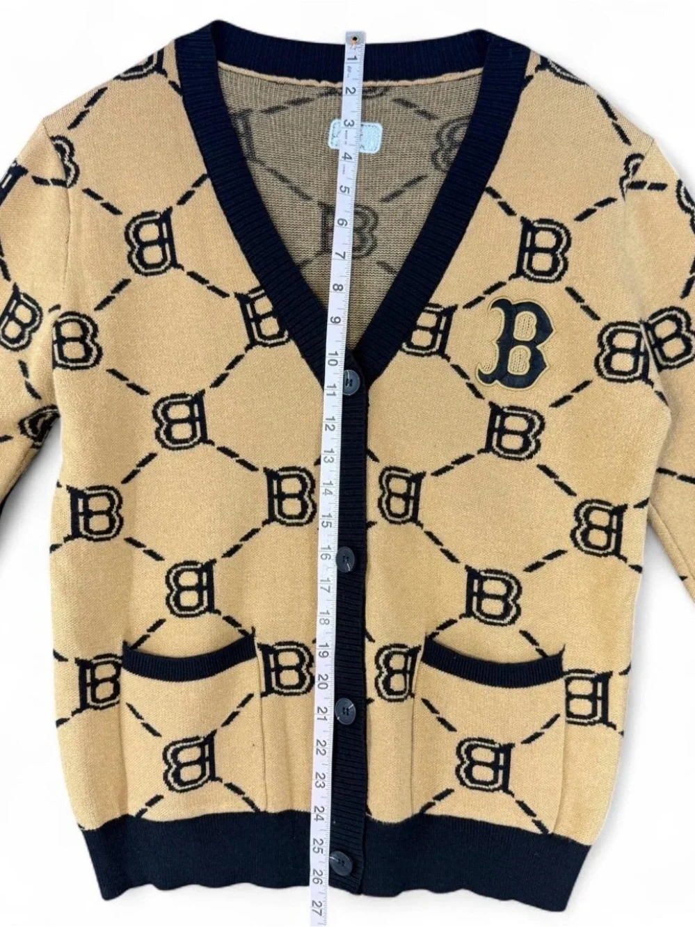 Black-Trim Camel Patterned Cardigan Sweater